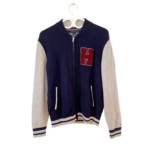 Tommy Hilfiger Navy Grey Red Logo Full‎ Zip Varsity Style Sweater